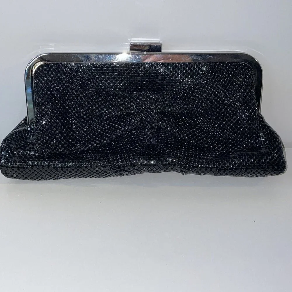 Jessica McClintock Bow Purse Black Metal Mesh Clutch Evening Bag W/ Strap‎ AL4